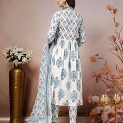 Stylum Women's White Ethnic Motif Printed Cotton A-Line Kurta Pant Dupatta Set (KPDBLUEDORAA)
