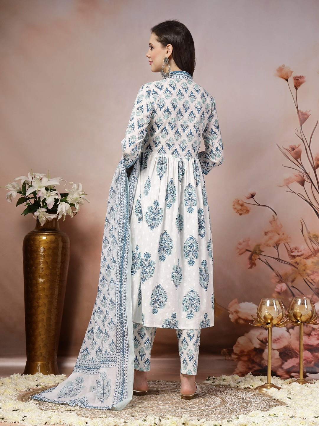 Stylum Women's White Ethnic Motif Printed Cotton A-Line Kurta Pant Dupatta Set (KPDBLUEDORAA)