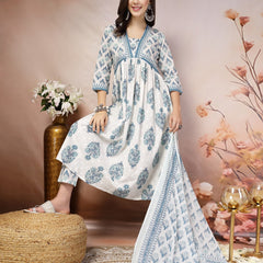 Stylum Women's White Ethnic Motif Printed Cotton A-Line Kurta Pant Dupatta Set (KPDBLUEDORAA)
