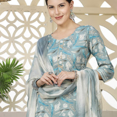 Stylum Women's Blue Tropical Printed Cotton Blend Straight Kurta Pant Dupatta Set (KPDBLUEEALY)