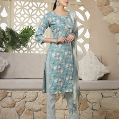 Stylum Women's Blue Tropical Printed Cotton Blend Straight Kurta Pant Dupatta Set (KPDBLUEEALY)