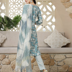 Stylum Women's Blue Tropical Printed Cotton Blend Straight Kurta Pant Dupatta Set (KPDBLUEEALY)