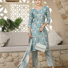 Stylum Women's Blue Tropical Printed Cotton Blend Straight Kurta Pant Dupatta Set (KPDBLUEEALY)