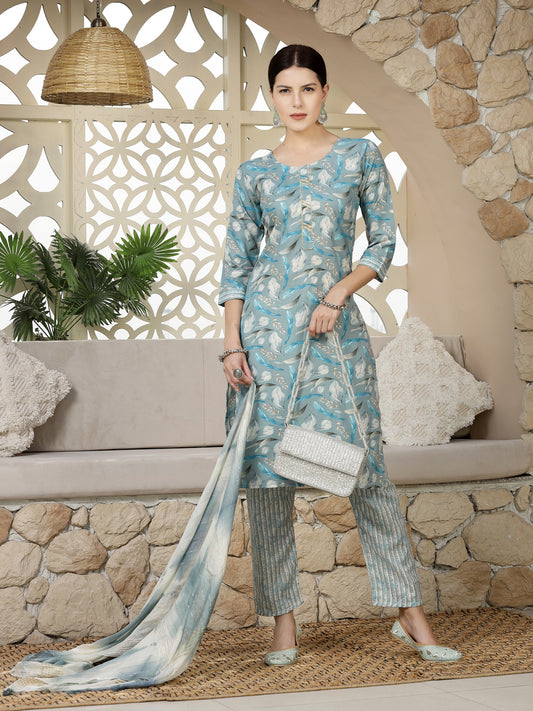 Stylum Women's Blue Tropical Printed Cotton Blend Straight Kurta Pant Dupatta Set (KPDBLUEEALY)