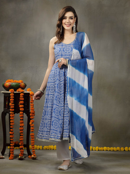 Stylum Women's Bandhej Printed Rayon Anarkali Kurta Pant Dupatta Set (KPDBLUEFALAK)
