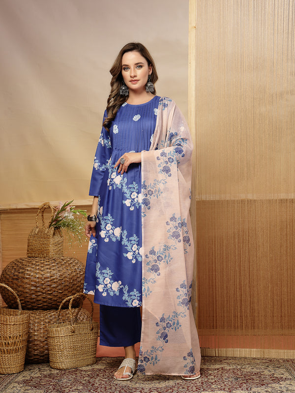 Stylum Women's Blue Floral Printed Rayon A-Line Kurta Pant Dupatta Set (KPDBLUEFANA)