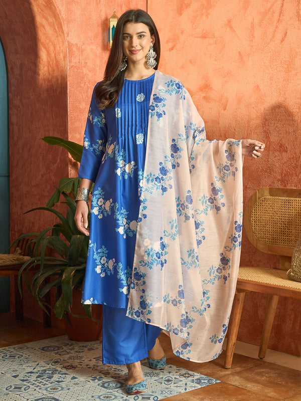 Stylum Women's Blue Floral Printed Rayon A-Line Kurta Pant Dupatta Set (KPDBLUEFANA)