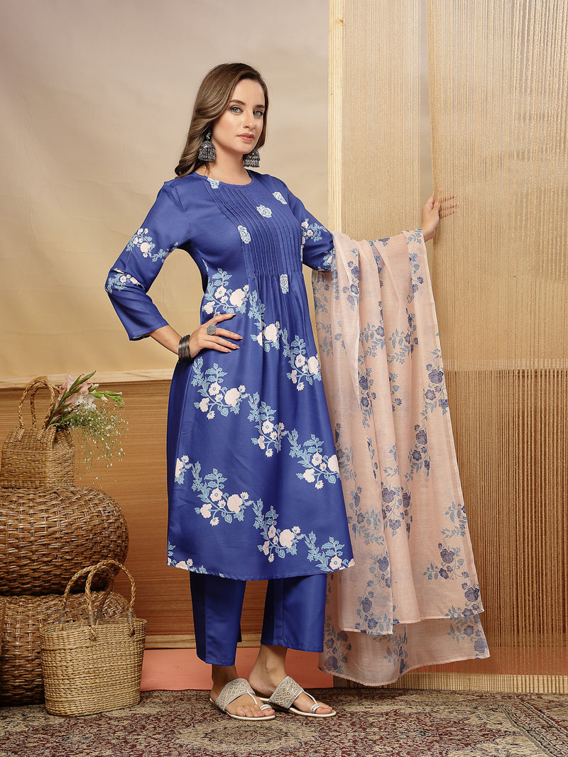 Stylum Women's Blue Floral Printed Rayon A-Line Kurta Pant Dupatta Set (KPDBLUEFANA)