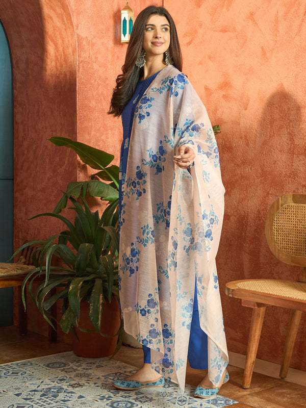 Stylum Women's Blue Floral Printed Rayon A-Line Kurta Pant Dupatta Set (KPDBLUEFANA)