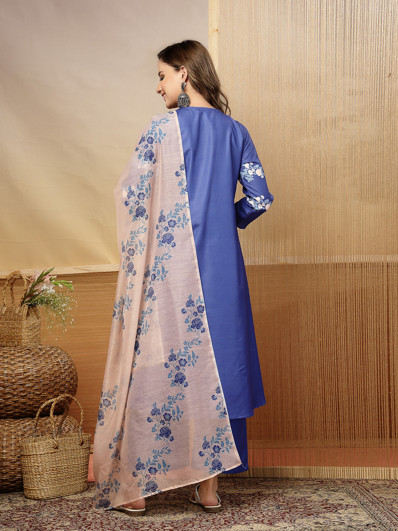 Stylum Women's Blue Floral Printed Rayon A-Line Kurta Pant Dupatta Set (KPDBLUEFANA)