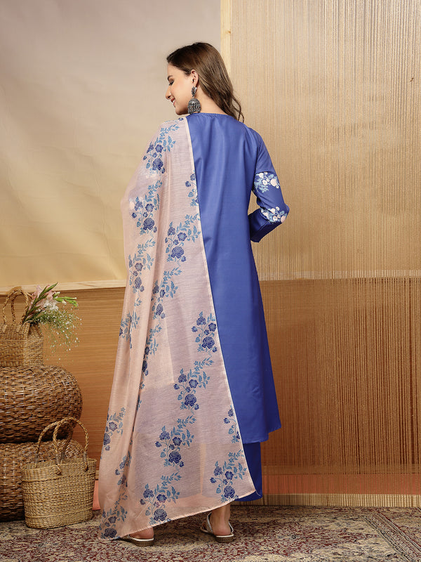 Stylum Women's Blue Floral Printed Rayon A-Line Kurta Pant Dupatta Set (KPDBLUEFANA)