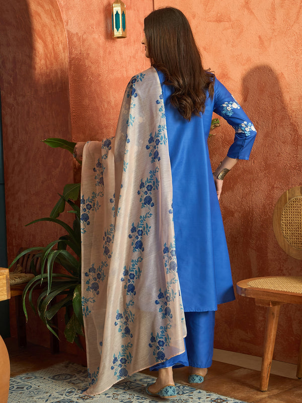 Stylum Women's Blue Floral Printed Rayon A-Line Kurta Pant Dupatta Set (KPDBLUEFANA)