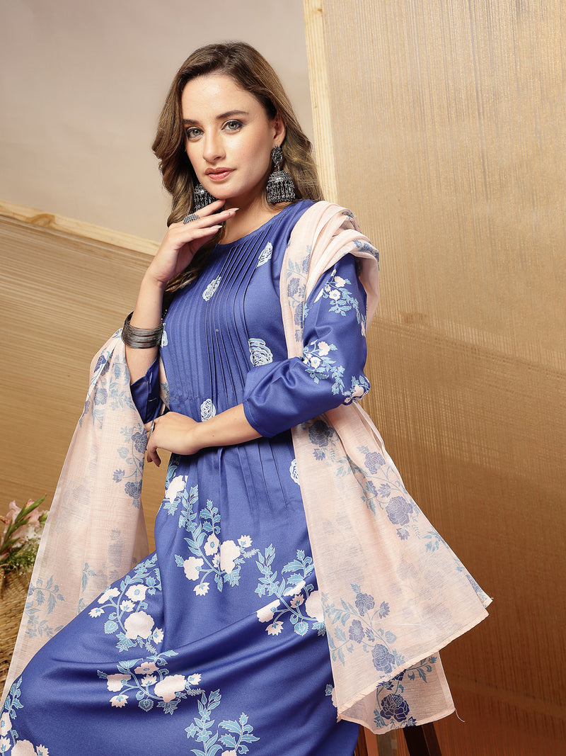 Stylum Women's Blue Floral Printed Rayon A-Line Kurta Pant Dupatta Set (KPDBLUEFANA)