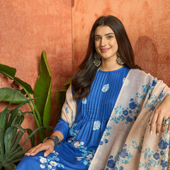 Stylum Women's Blue Floral Printed Rayon A-Line Kurta Pant Dupatta Set (KPDBLUEFANA)