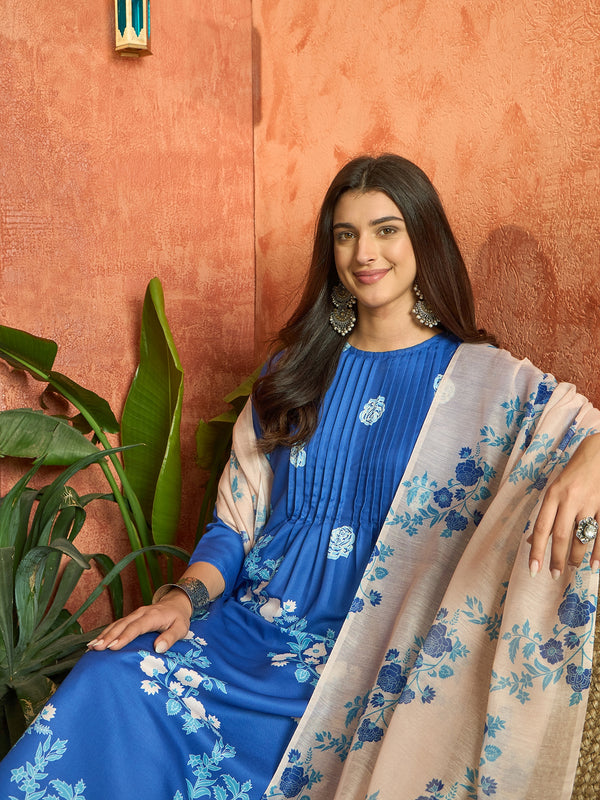 Stylum Women's Blue Floral Printed Rayon A-Line Kurta Pant Dupatta Set (KPDBLUEFANA)