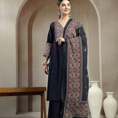Stylum Women's Blue Ajrakh Printed Cotton A-Line Kurta Pant Dupatta Set (KPDBLUEHEERA)