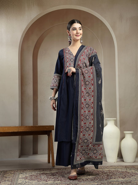 Stylum Women's Blue Ajrakh Printed Cotton A-Line Kurta Pant Dupatta Set (KPDBLUEHEERA)