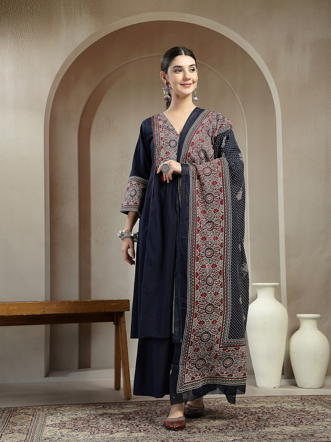 Stylum Women's Blue Ajrakh Printed Cotton A-Line Kurta Pant Dupatta Set (KPDBLUEHEERA)