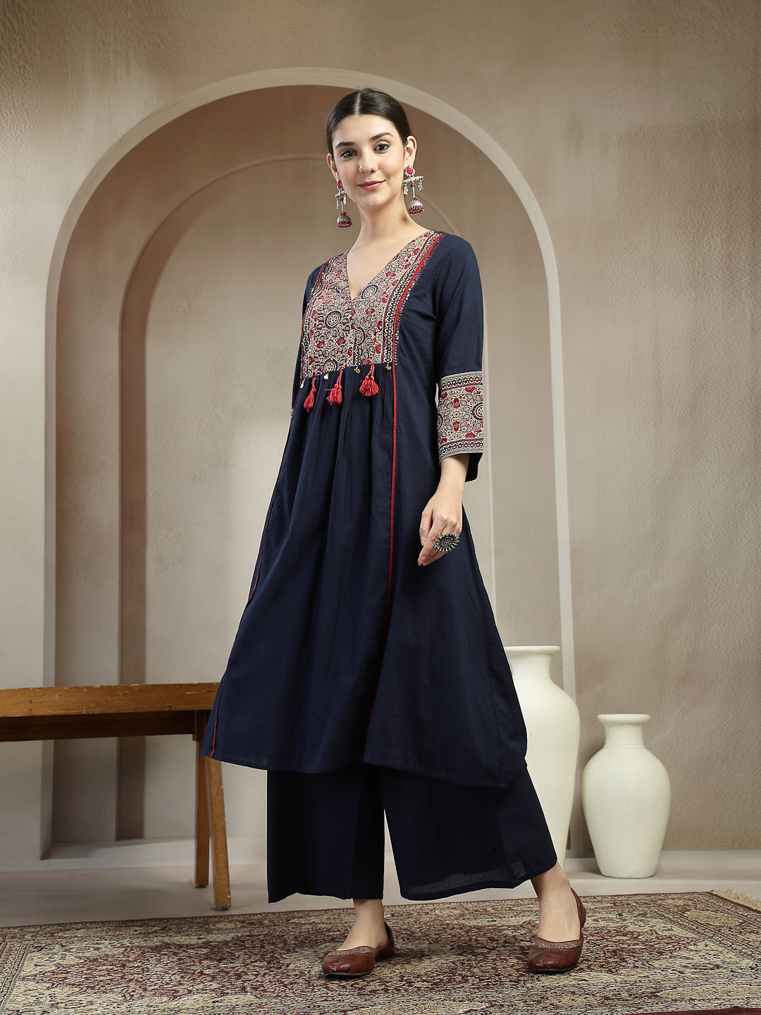 Stylum Women's Blue Ajrakh Printed Cotton A-Line Kurta Pant Dupatta Set (KPDBLUEHEERA)