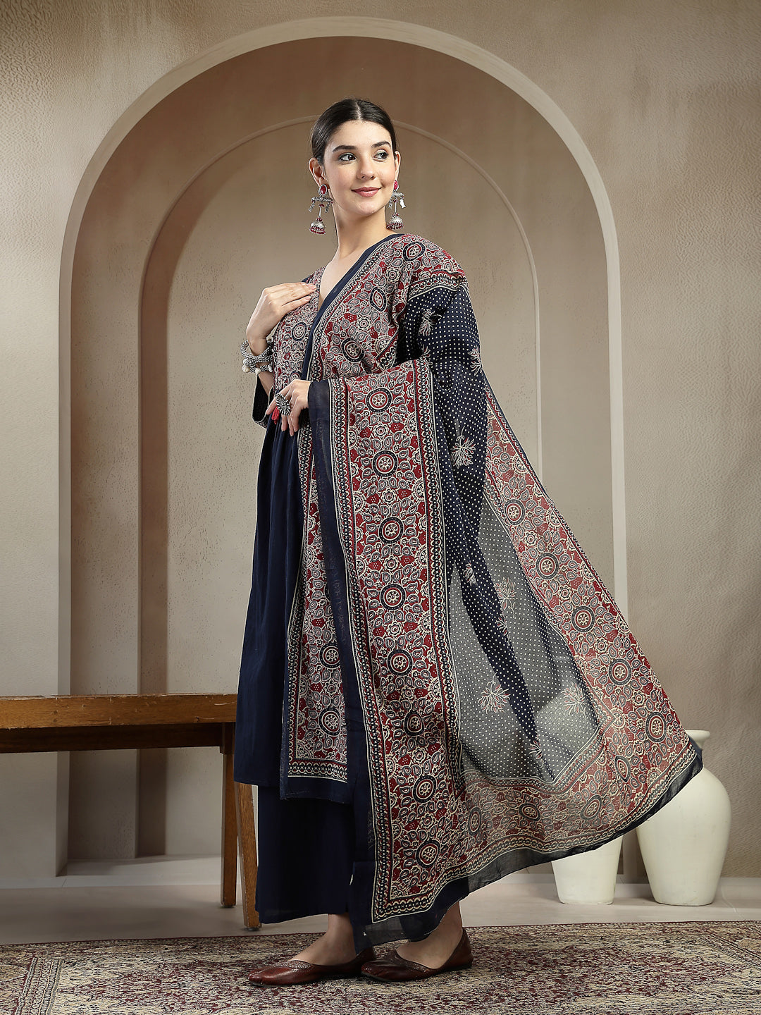 Stylum Women's Blue Ajrakh Printed Cotton A-Line Kurta Pant Dupatta Set (KPDBLUEHEERA)