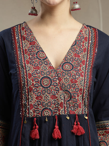 Stylum Women's Blue Ajrakh Printed Cotton A-Line Kurta Pant Dupatta Set (KPDBLUEHEERA)