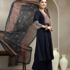 Stylum Women's Blue Ajrakh Printed Cotton A-Line Kurta Pant Dupatta Set (KPDBLUEHEERA)