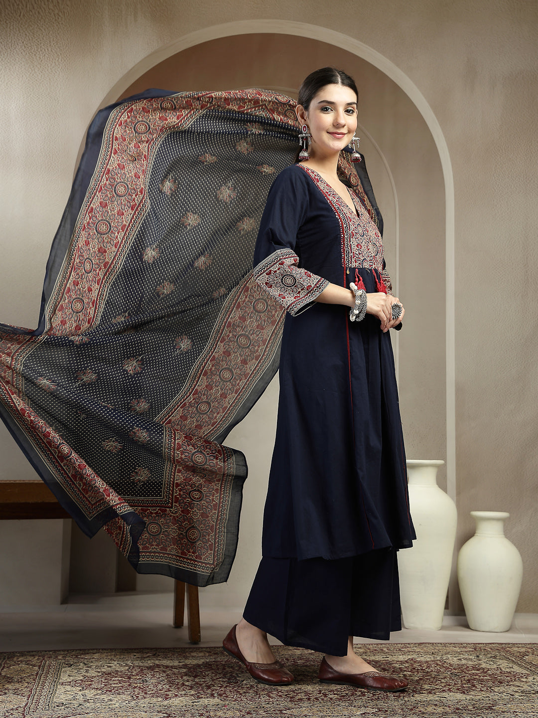 Stylum Women's Blue Ajrakh Printed Cotton A-Line Kurta Pant Dupatta Set (KPDBLUEHEERA)