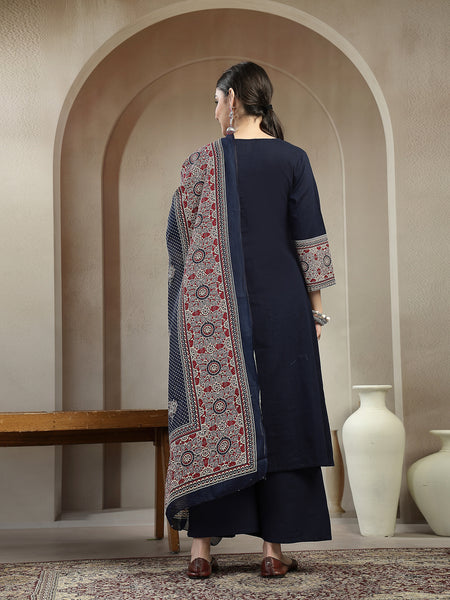 Stylum Women's Blue Ajrakh Printed Cotton A-Line Kurta Pant Dupatta Set (KPDBLUEHEERA)