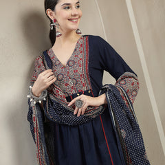 Stylum Women's Blue Ajrakh Printed Cotton A-Line Kurta Pant Dupatta Set (KPDBLUEHEERA)