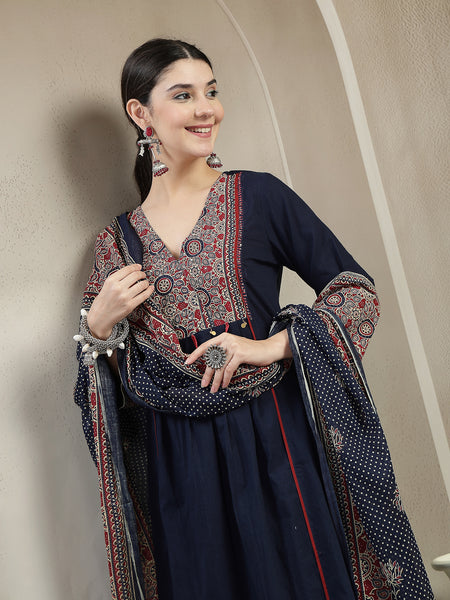 Stylum Women's Blue Ajrakh Printed Cotton A-Line Kurta Pant Dupatta Set (KPDBLUEHEERA)