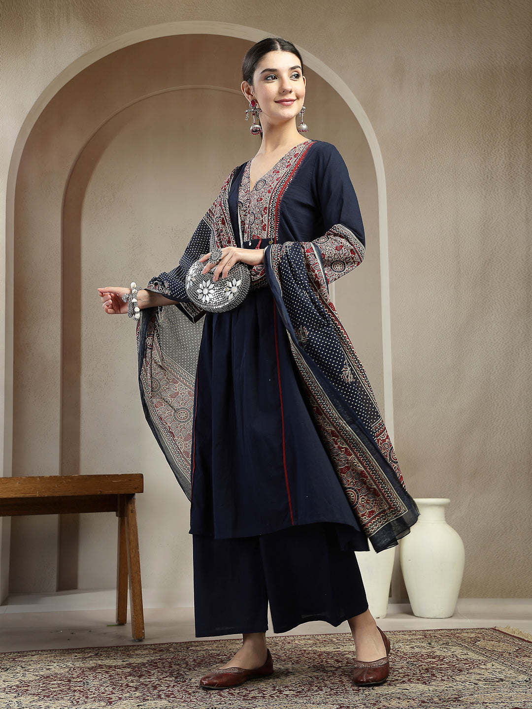 Stylum Women's Blue Ajrakh Printed Cotton A-Line Kurta Pant Dupatta Set (KPDBLUEHEERA)