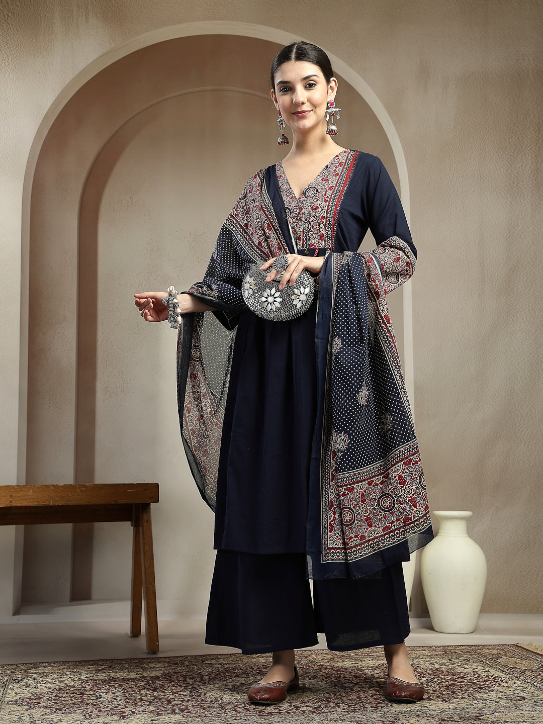 Stylum Women's Blue Ajrakh Printed Cotton A-Line Kurta Pant Dupatta Set (KPDBLUEHEERA)