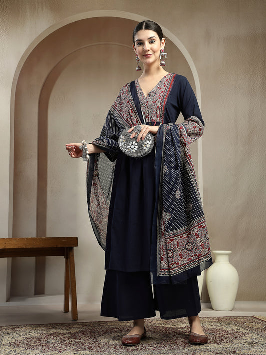 Stylum Women's Blue Ajrakh Printed Cotton A-Line Kurta Pant Dupatta Set (KPDBLUEHEERA)