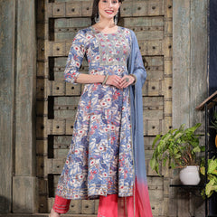 Stylum Women's Floral Printed & Embroidered Cotton Blend Anarkali Kurta Pant Dupatta Set (KPDBLUEIGLOO)