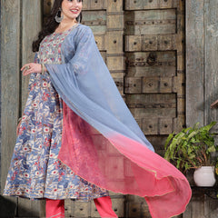Stylum Women's Floral Printed & Embroidered Cotton Blend Anarkali Kurta Pant Dupatta Set (KPDBLUEIGLOO)