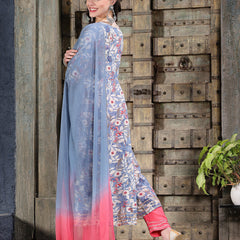 Stylum Women's Floral Printed & Embroidered Cotton Blend Anarkali Kurta Pant Dupatta Set (KPDBLUEIGLOO)