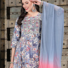 Stylum Women's Floral Printed & Embroidered Cotton Blend Anarkali Kurta Pant Dupatta Set (KPDBLUEIGLOO)