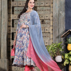 Stylum Women's Floral Printed & Embroidered Cotton Blend Anarkali Kurta Pant Dupatta Set (KPDBLUEIGLOO)