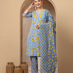 Stylum Women's Blue Floral Printed Cotton Straight Kurta Pant Dupatta Set (KPDBLUEINAYA)