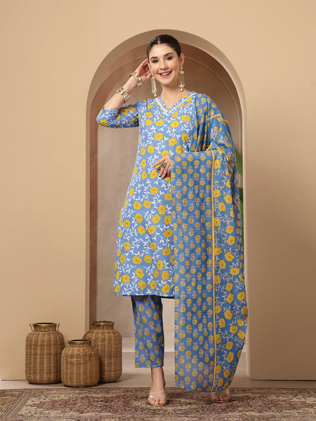 Stylum Women's Blue Floral Printed Cotton Straight Kurta Pant Dupatta Set (KPDBLUEINAYA)
