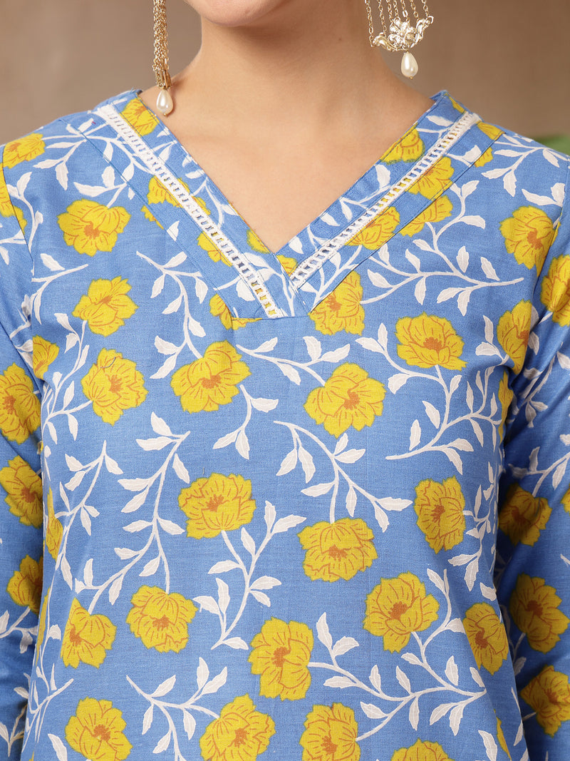 Stylum Women's Blue Floral Printed Cotton Straight Kurta Pant Dupatta Set (KPDBLUEINAYA)