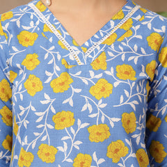 Stylum Women's Blue Floral Printed Cotton Straight Kurta Pant Dupatta Set (KPDBLUEINAYA)