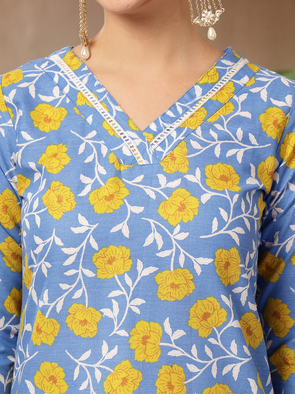 Stylum Women's Blue Floral Printed Cotton Straight Kurta Pant Dupatta Set (KPDBLUEINAYA)