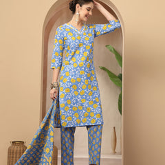 Stylum Women's Blue Floral Printed Cotton Straight Kurta Pant Dupatta Set (KPDBLUEINAYA)