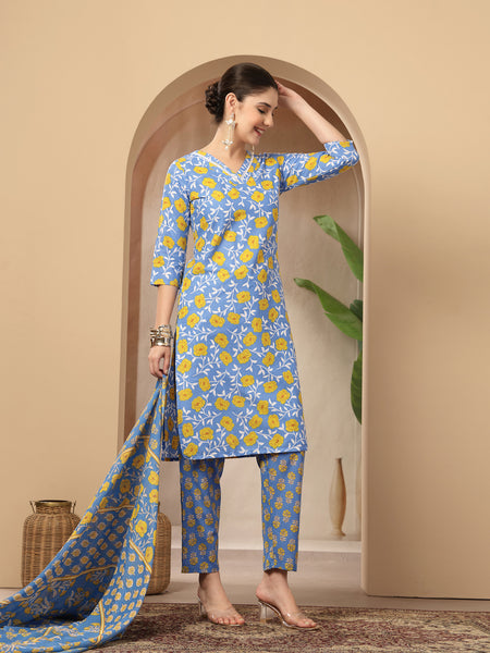 Stylum Women's Blue Floral Printed Cotton Straight Kurta Pant Dupatta Set (KPDBLUEINAYA)
