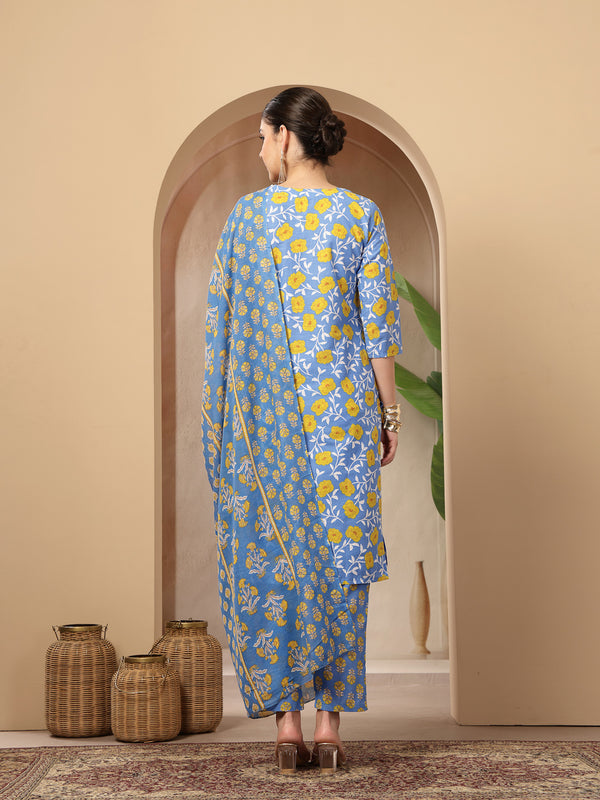Stylum Women's Blue Floral Printed Cotton Straight Kurta Pant Dupatta Set (KPDBLUEINAYA)