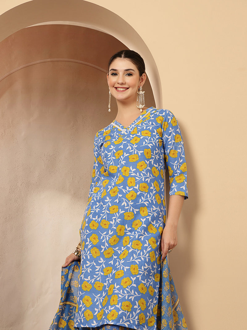 Stylum Women's Blue Floral Printed Cotton Straight Kurta Pant Dupatta Set (KPDBLUEINAYA)