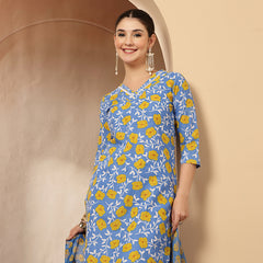 Stylum Women's Blue Floral Printed Cotton Straight Kurta Pant Dupatta Set (KPDBLUEINAYA)