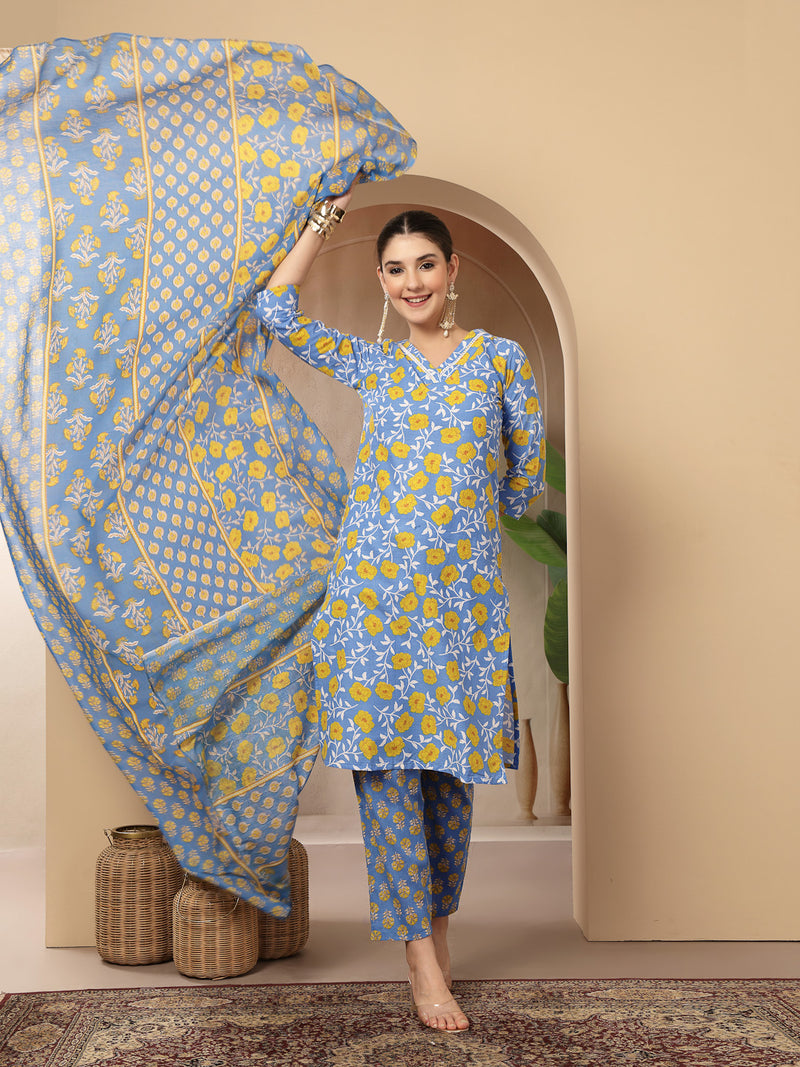 Stylum Women's Blue Floral Printed Cotton Straight Kurta Pant Dupatta Set (KPDBLUEINAYA)