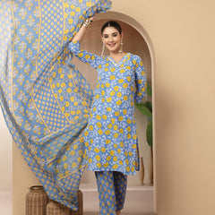 Stylum Women's Blue Floral Printed Cotton Straight Kurta Pant Dupatta Set (KPDBLUEINAYA)